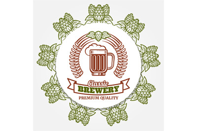 Round beer banner with hops and beer label