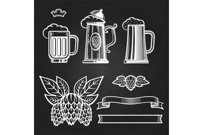 Vintage elements for labels - glass of beer ribbon hops on chalkboard