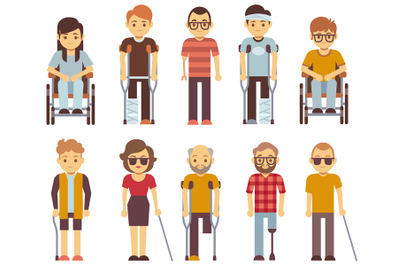 Disabled people vector set. old and young invalid persons isolated on