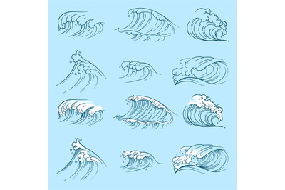 Sketch ocean waves. Hand drawn sea storm wave