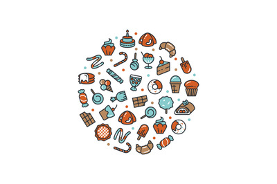 Sweet desserts and candies icons round concept