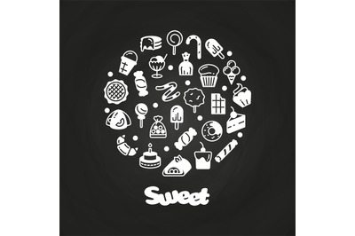 Sweet desserts cakes candies icons on chalkboard