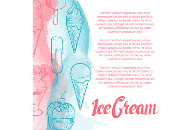 Dessert poster with hand drawn ice cream and watercolor effect