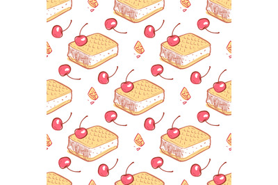 Doodle waffels ice cream cherries seamless pattern