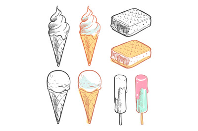 Outline and colorful sketch ice cream collection