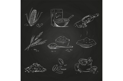 Doodle cereals groats and porridge, muesli and cornflakes, oat and rye