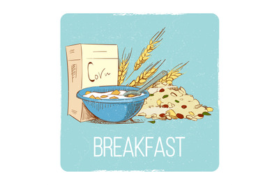 Healthy breakfast concept - hand drawn porrige cereals wheat muesli