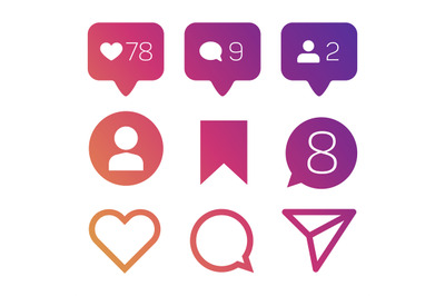 Colorful like icons, follower commets location vector set