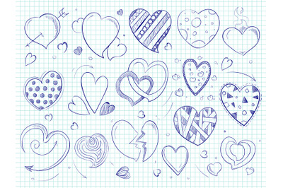 Cute doodle hearts, love ball pen drawn