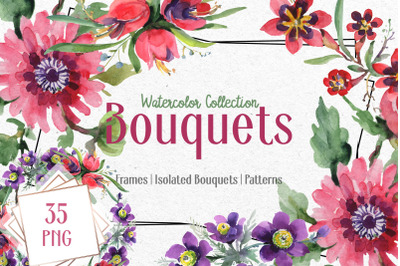 Bouquets red Flower Bright Watercolor png Set