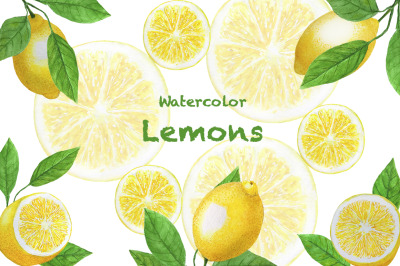 Lemons watercolor. Lemons pattern. Citrus watercolor. Citrus pattern