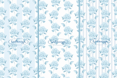 Blue watercolor roses. Seamless patterns