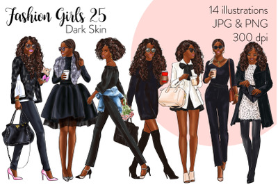 Watercolor Fashion Clipart - Fashion Girls 25 - Dark Skin
