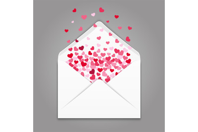 Realistc white paper envelope with colorful hearts confetti