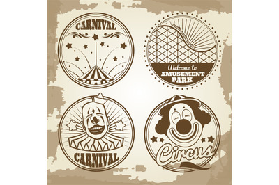 Amusement park circus carnival emblems on vintage background