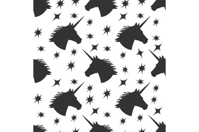 Black unicorn silhouette with stars seamless pattern