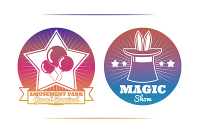 Magic show and amusement park colorful emblems