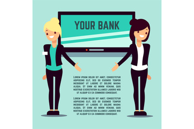 Welcome bank info page with flat girls and screen