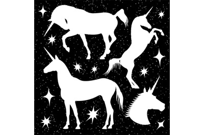 White unicorn silhouettes set with stars on black backdrop