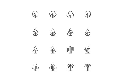 Simple lineart trees icons. Vector landscape line symbols. Isolated pl
