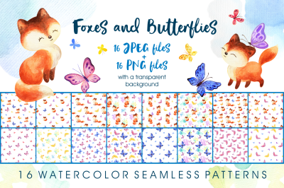 Foxes and butterflies. Watercolor seamless patterns