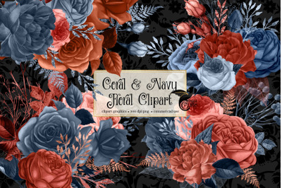 Coral and Navy Floral Clipart