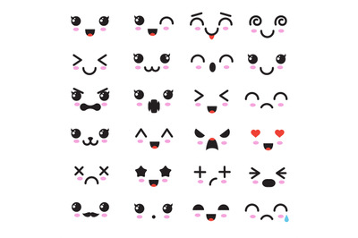 Cartoon kawaii eyes and mouths. Cute emoticon emoji characters in japa