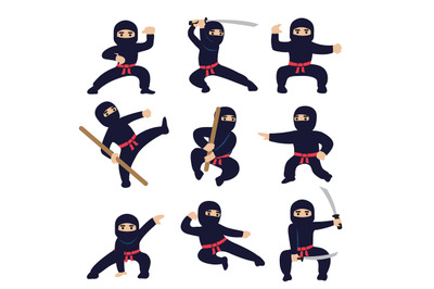 Cartoon funny warriors. Ninja or samurai vector characters