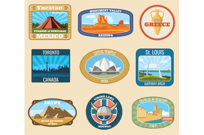 World famous international landmarks vector vintage travel stickers