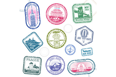 Vintage passport travel vector stamps with international symbols and f