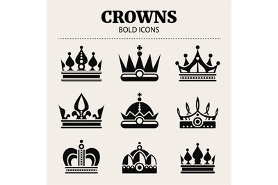 Black crown bold icons. Vector set