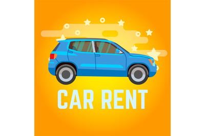 Car rent vector illustration. Blue suv on yellow background