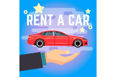 Car rent vector illustration. Hand with flat-style red car on blue bac