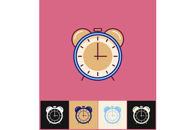 Clock icon. Flat vector illustration. Blue simple clock with bell