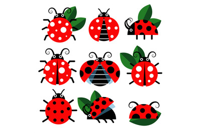 Cute ladybug vector icons. Cartoon-style bugs and leaves