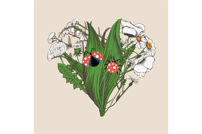 Heart made of hand-drawn flowers and cute ladybugs colored. Vintage ve