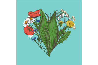 Heart made of hand-drawn flowers and herbs. Vintage vector illustratio
