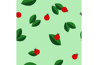 Ladybugs and leaves texture. Vector seamless pattern