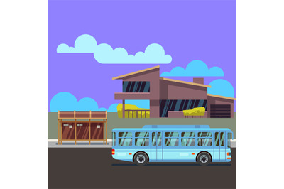 Residential modern house with bus stop and bus. Flat vector illustraio