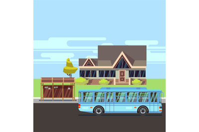 Residential house with bus stop. Flat vector