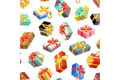 Seamless pattern with different giftboxes colored on white background.