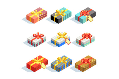 Set of colored 3D giftboxes with ribbons isolated