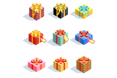 Set of different colored 3D giftboxes with ribbons isolated. Flat vect