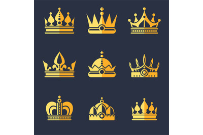 Set of rich golden crowns. Vector flat illustration