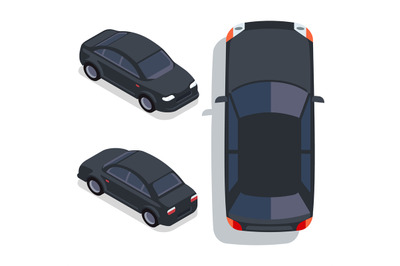 Vector flat-style cars in different views. Black sedan