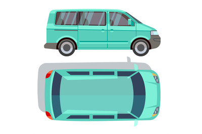 Vector flat-style cars in different views. Blue minivan