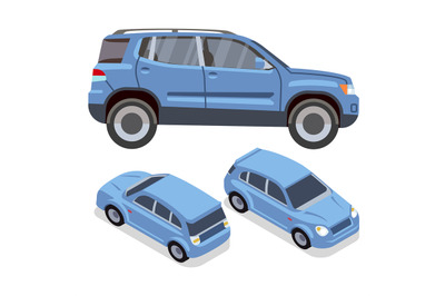 Vector flat-style cars in different views. Blue suv