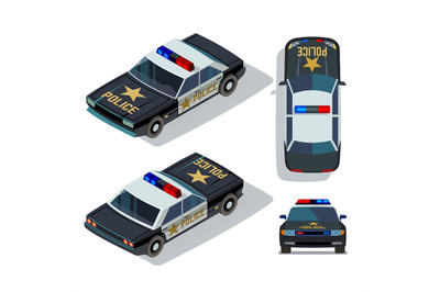 Vector flat-style cars in different views. Isometric police car