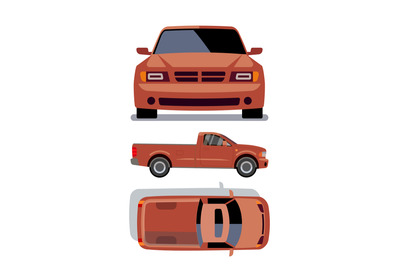 Vector flat-style cars in different views. Orange pickup truck