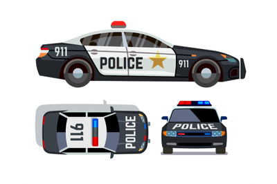 Vector flat-style cars in different views. Police car